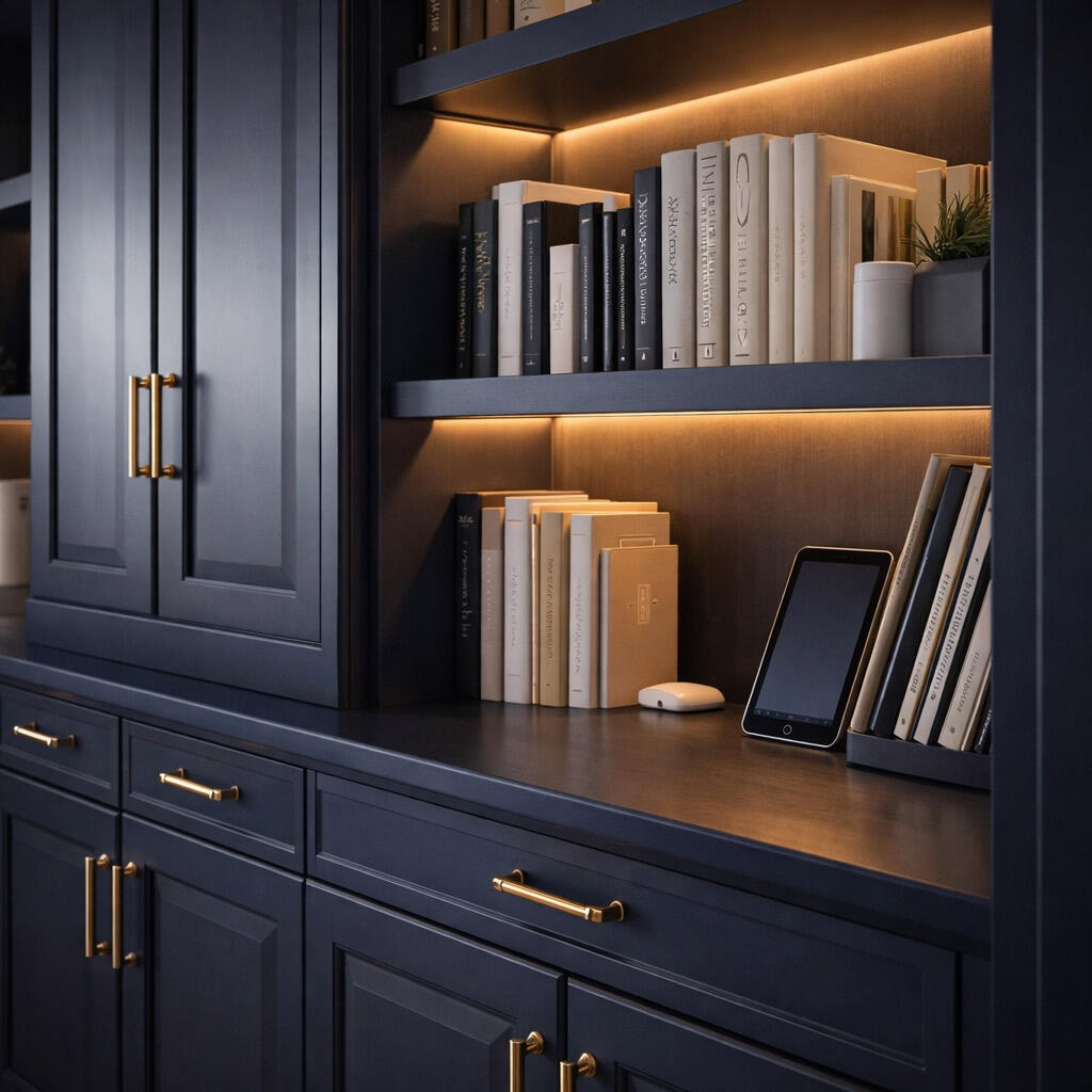Custom home office library with navy blue built in cabinets, brass hardware and warm LED lighting in Las Olas Fort Lauderdale
